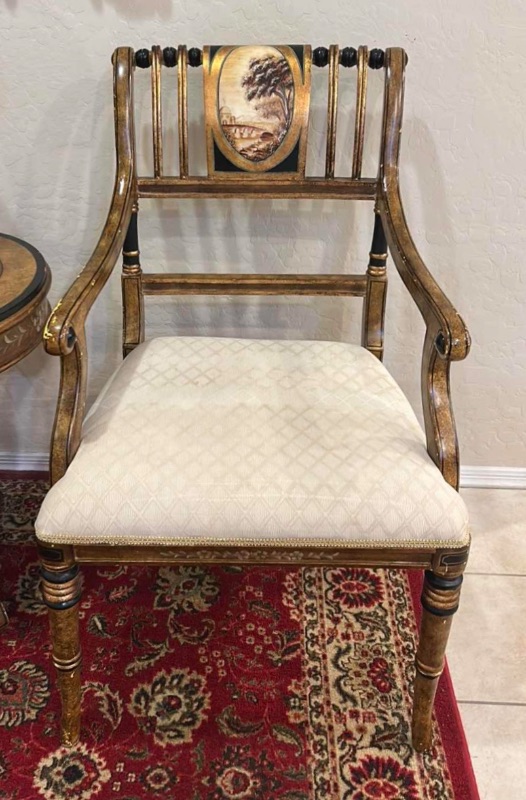 Photo 1 of VINTAGE ITALIAN HAND PAINTED ACCENT TABLE W LANDSCAPE MEDALLION & FLORAL APRON CARVED PEDESTAL BASE & 2 MATCHING CHAIRS D22“ x H25.5“