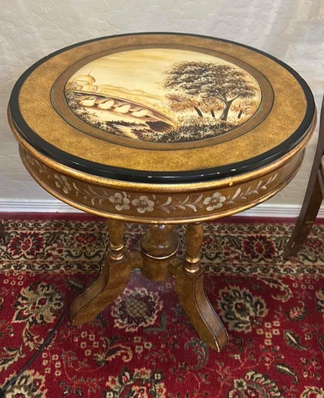 Photo 1 of VINTAGE ITALIAN HAND PAINTED ACCENT TABLE W LANDSCAPE MEDALLION & FLORAL APRON CARVED PEDESTAL BASE & 2 MATCHING CHAIRS D22“ x H25.5“