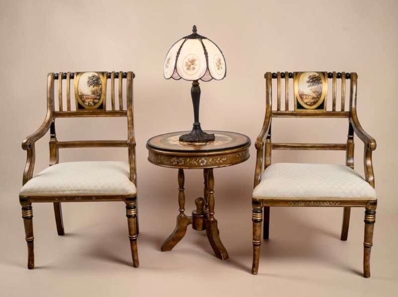 Photo 1 of VINTAGE ITALIAN HAND PAINTED ACCENT TABLE W LANDSCAPE MEDALLION & FLORAL APRON CARVED PEDESTAL BASE & 2 MATCHING CHAIRS D22“ x H25.5“
