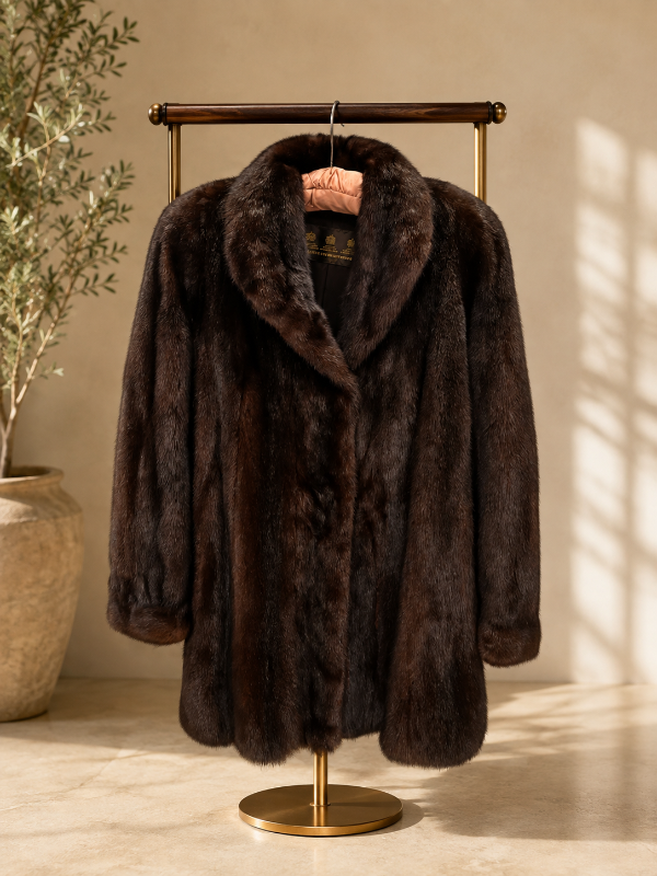 Photo 1 of VINTAGE DARK MAHOGANY BROWN MINK FUR STROLLER COAT FROM LEGENDARY DANISH FURRIER BIRGER CHRISTENSEN.