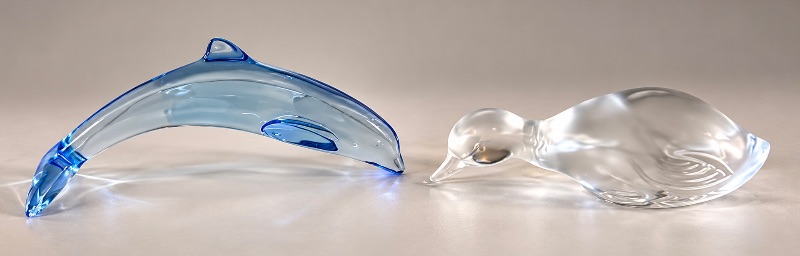 Photo 1 of 2 BACCARAT CRYSTAL FIGURINES - DAUPHIN DIVING DOLPHIN & SWIMMING /HUNTING DUCK H3”