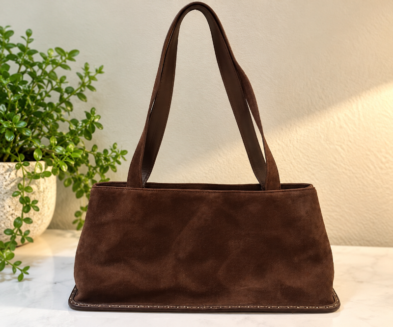Photo 1 of AUTHENTIC SALVATORE FERRAGAMO: VINTAGE BROWN SUEDE STUDDED TRIM SHOULDER BAG