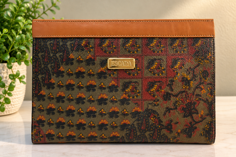 Photo 1 of ESCADA: VINTAGE MONOGRAM PATTERN CANVAS AND LEATHER TRIM ENVELOPE CLUTCH BAG