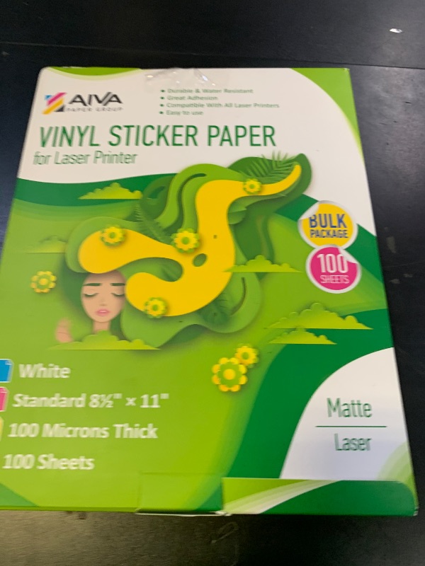 Photo 1 of Printable Vinyl Sticker Paper for Laser Printer - Matte White - 100 Self-Adhesive Sheets - Waterproof Decal Paper - Standard Letter Size 8.5"x11"