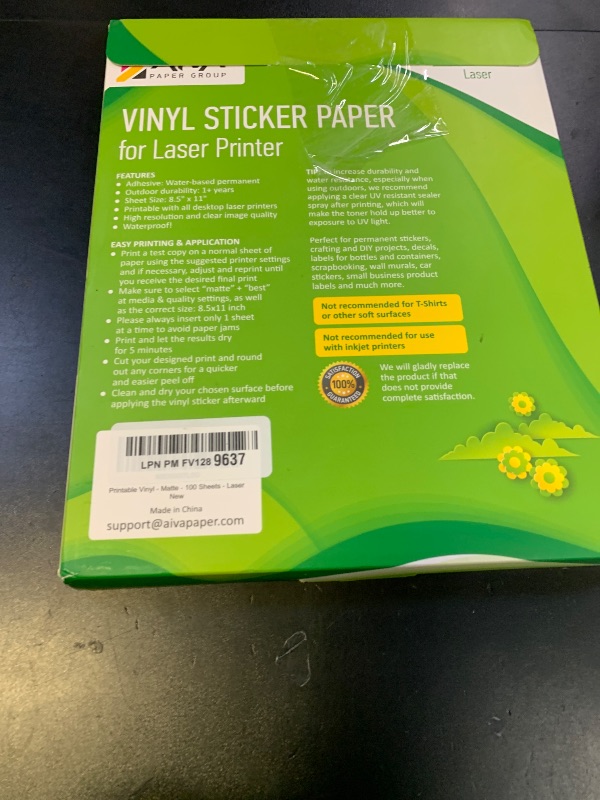 Photo 1 of Printable Vinyl Sticker Paper for Laser Printer - Matte White - 100 Self-Adhesive Sheets - Waterproof Decal Paper - Standard Letter Size 8.5"x11"