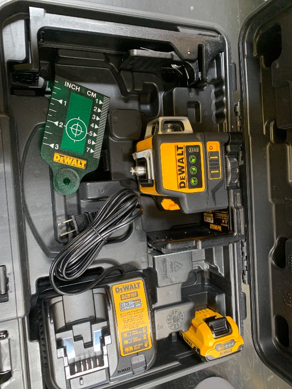 Photo 1 of DEWALT Laser Level 360 Self Leveling, 3 Way Green Laser Leveler Tool 12V MAX with 2.0Ah Battery, Charger and Durable Carrying Case, 100 Ft, Tripod Compatible (DW089LG)