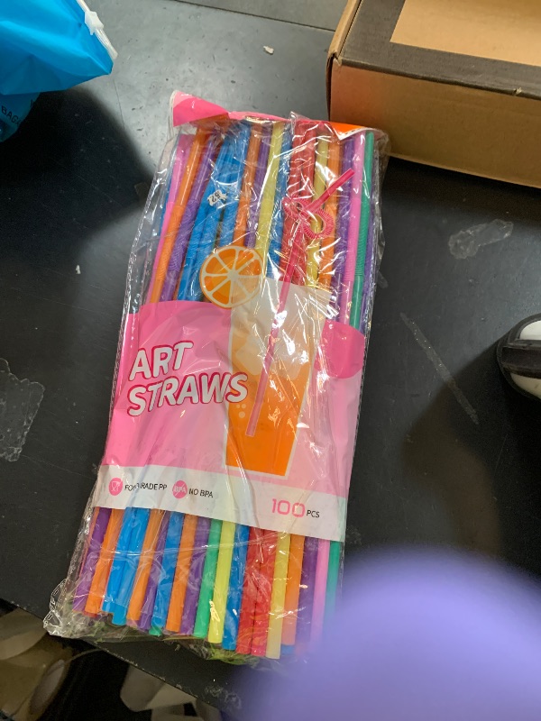 Photo 1 of [100 Pack] 10.24" High Extra Long Flexible Plastic Straws, Disposable Drinking Straws, Colorful Bendy Straws - Assorted Colors