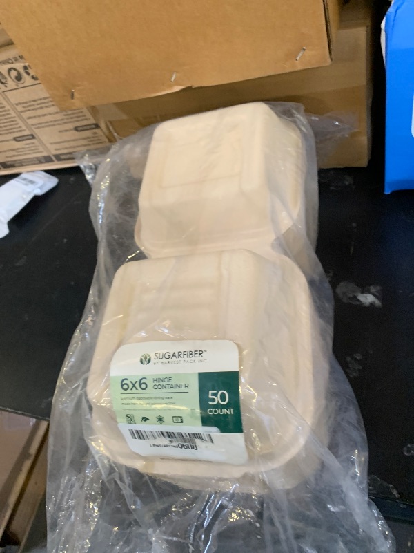 Photo 1 of [50 COUNT]Harvest Pack 6 X 6" Compostable Clamshell Take Out Food Containers, PFAS FREE Square To go Containers with Lids, Heavy-Duty Disposable Bagasse Bento Cake Box, Eco-Friendly Sugarcane Fibers