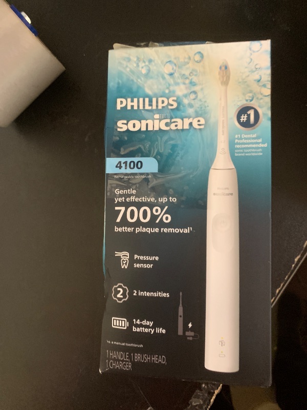 Photo 1 of Philips Sonicare 4100 Series Electric Toothbrush - Sonic Toothbrush with Advanced Sonic Technology, Pressure Sensor, Two Intensity Settings, Smartimer & Quadpacer, White, Model HX3681/23