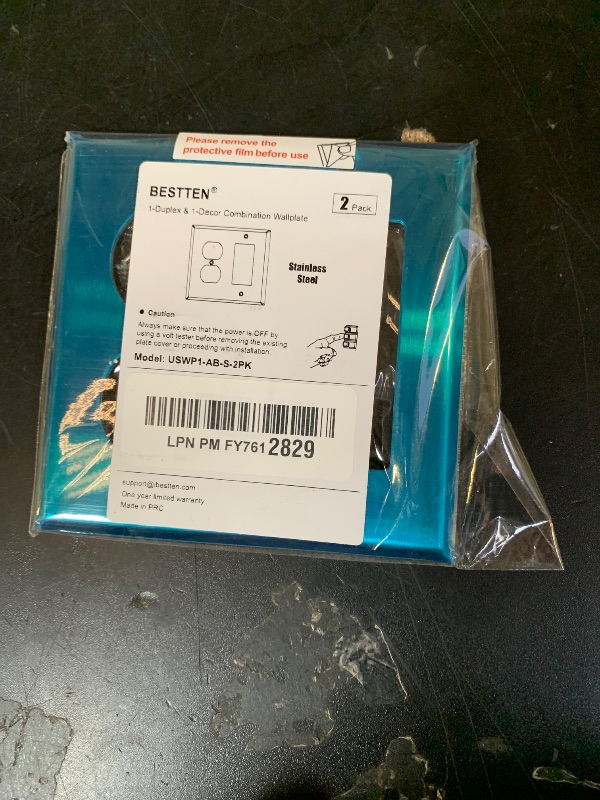 Photo 1 of [2 Pack] BESTTEN 2-Gang Combination Metal Wall Plate with Protective Film, 1-Duplex/1-Decor, Corrosion-Resistant Stainless Steel Outlet and Switch Cover, Standard Size, Brushed Finish