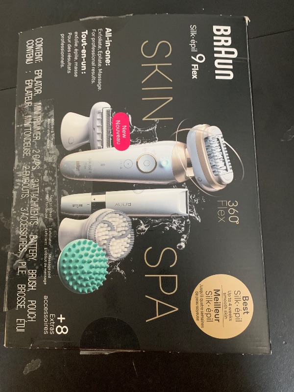 Photo 1 of Braun Epilator Silk-épil 9 Flex SkinSpa, Hair Removal Device, 360 Flex and Pivoting Head, Wet and Dry, Includes Shaver Head, Trimmer Comb, Massage Pad, Exfoliation Brush and BodyTrimmer, SES9-481 3D