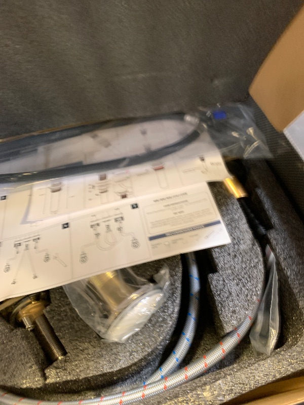 Photo 1 of Besfelos Bathroom Faucets for Sink, 2 Handle Widespread Bathroom Sink Faucet, 3 Hole Modern Stainless Steel Faucet with Pop-up Drain and Water Supply Lines, Brushed Golden