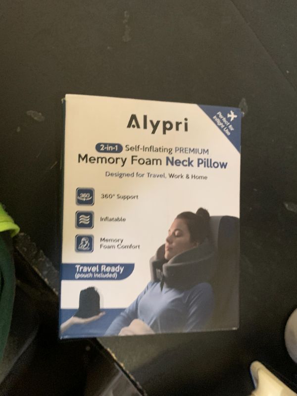 Photo 1 of Alypri Inflatable Memory Foam Travel Neck Pillow – Auto-Inflating with Twist Valve, Adjustable Cervical Support for Airplane, Car & Office – Compact, Lightweight & Portable (Black)