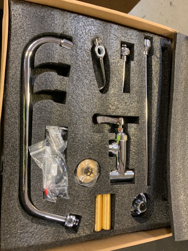 Photo 1 of 27" Height Commercial Sink Faucet Deck Mount with Pre-Rinse Sprayer, Commercial Kitchen Faucet with 10" Add-on Swing Spout Faucet & Spring Pull Down Sprayer, 8" Adjustable Center Kitchen Faucet