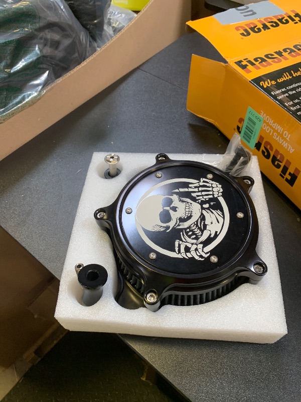 Photo 1 of High Flow Air Filter Intake Kit with Skull Design for Harley Dyna Softail Touring EVO Twin Cam (Black, Built-in Breather) 1993-2017