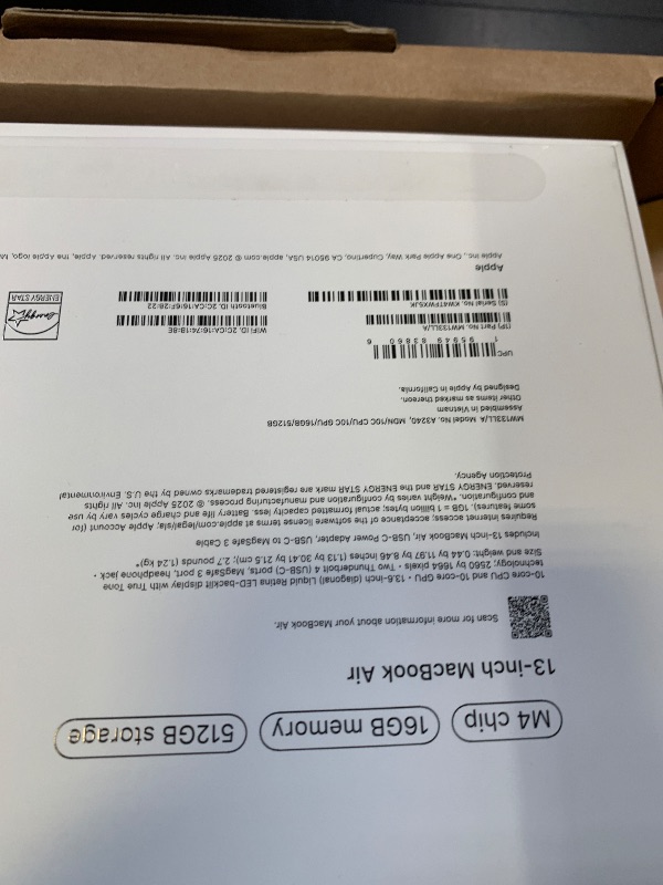 Photo 1 of Apple 2025 MacBook Air 13-inch Laptop with M4 chip: Built for Apple Intelligence, 13.6-inch Liquid Retina Display, 16GB Unified Memory, 512GB SSD Storage, 12MP Center Stage Camera, Touch ID; Midnight