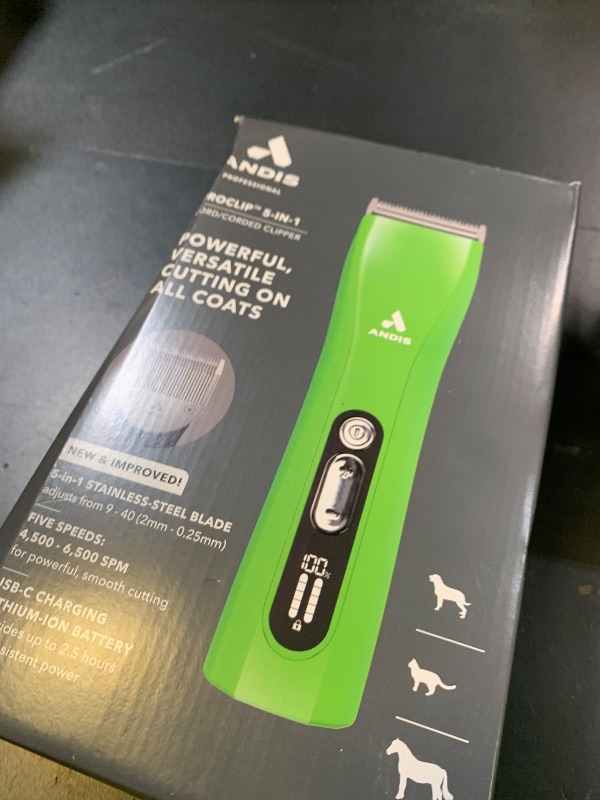 Photo 1 of Andis 563231 ProClip 5-in-1 Adjustable Blade Cord/Cordless Pet Hair Clipper, 5 Blade Settings, 5 Speeds, Feather Light, Digital Display Screen, Green