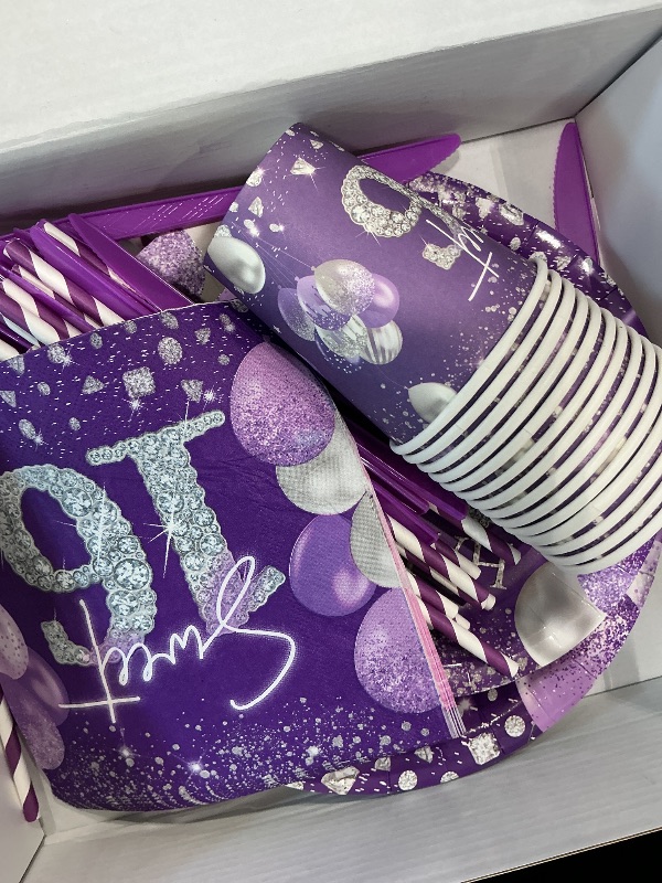 Photo 1 of *MISSING PARTS - see clerk notes*
Owelleny Sweet 16 Birthday Decorations Girls, Purple 16th Birthday Party Supplies, Paper Plates and Napkins Set, Cups, Tablecloth, Banner, Swirls, Happy Sweet Sixteen Table Decorations, Serves 24