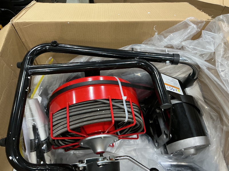 Photo 1 of **UNTESTED**
VEVOR Drain Cleaner Machine 100FT x 3/8 Inch, Auto Feed Sewer Snake Auger on Wheels, 370W Portable Drain Cleaning Machine with 8 Cutters & Air-activated Foot Switch for 2" to 4" Pipes