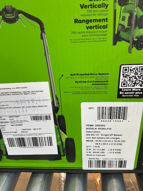 Photo 1 of ** sold as is no refund/return** Greenworks 80V 21" Self-Propelled Cordless Lawn Mower – Brushless Motor, LED Lights, 4.0Ah Battery & Rapid Charger (75+ Compatible Tools)