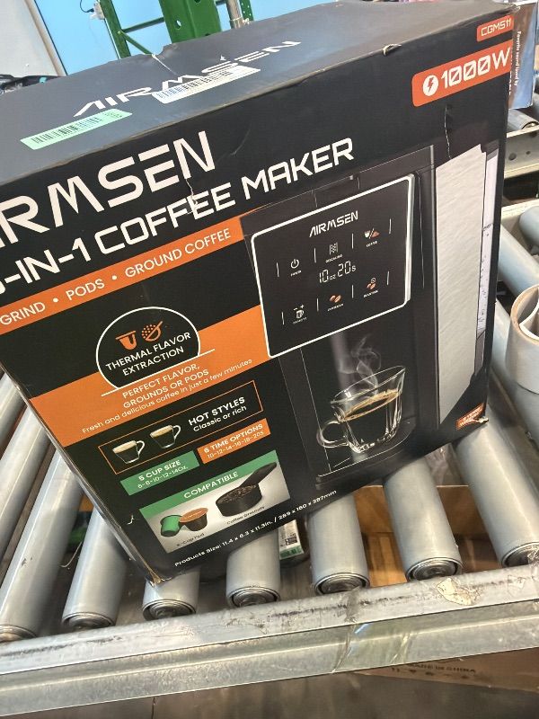 Photo 1 of **Untested**
AIRMSEN Grind & Brew Coffee Maker with Built-in Grinder (2026 Model) - Single-Serve, Compatible with K-Cup Pods & Ground, 1000W Fast 6-14oz Brewer, Descaling Alert, Touchscreen & 50oz Removable Tank