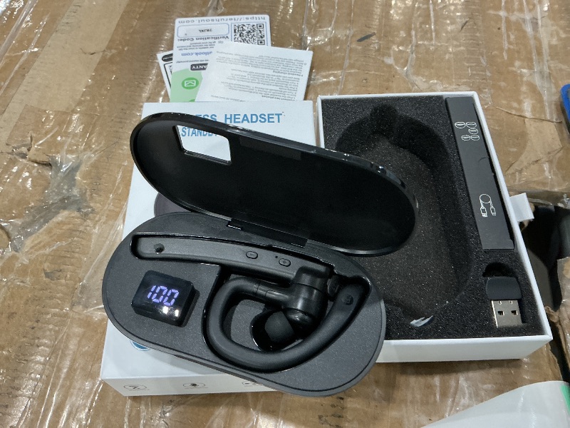 Photo 1 of **USED - MINOR DAMAGE**
TERUNSOUl Bluetooth Headset V5.3, Wireless Bluetooth Earpiece with 600mAh Charging Case, 110H Playtime, Hands Free Headset for Cell Phone and Computer with Built-in Microphone for Work Trucker Office