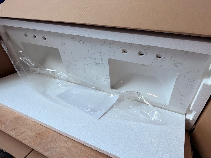 Photo 1 of [Cracked] EQLOO 60 Inch Engineered Stone Bathroom Vanity Sink Top, with Undermount Rectangular Double Sinks, Vanity Countertop with 8 inch Faucet Hole Spacing and Backsplash in Lightning White