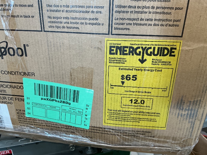Photo 1 of [Clanking sound when turned on, needs repairs] Whirlpool 8,000 BTU Window Air Conditioner with Dehumidifier, 115V, Window AC for Rooms up to 350 Sq. Ft., Living Room, Bedroom, or Apartment, with 3 Speeds, Remote Control, and 24H Timer, White