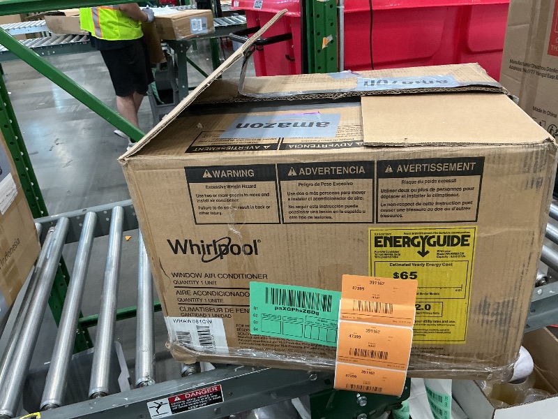 Photo 1 of [Clanking sound when turned on, needs repairs] Whirlpool 8,000 BTU Window Air Conditioner with Dehumidifier, 115V, Window AC for Rooms up to 350 Sq. Ft., Living Room, Bedroom, or Apartment, with 3 Speeds, Remote Control, and 24H Timer, White