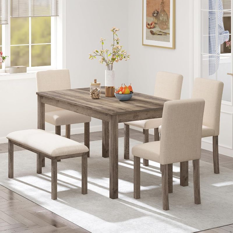 Photo 1 of ** no bench or table !! chairs only!!*Zevemomo 6-Piece Solid Wood Dining Table Set, Including 1 Dining Table, 4 Upholstered Chairs and 1 Bench, Wooden Legs Dining Table Set for Dining Room, Kitchen, Restaurant, Brown