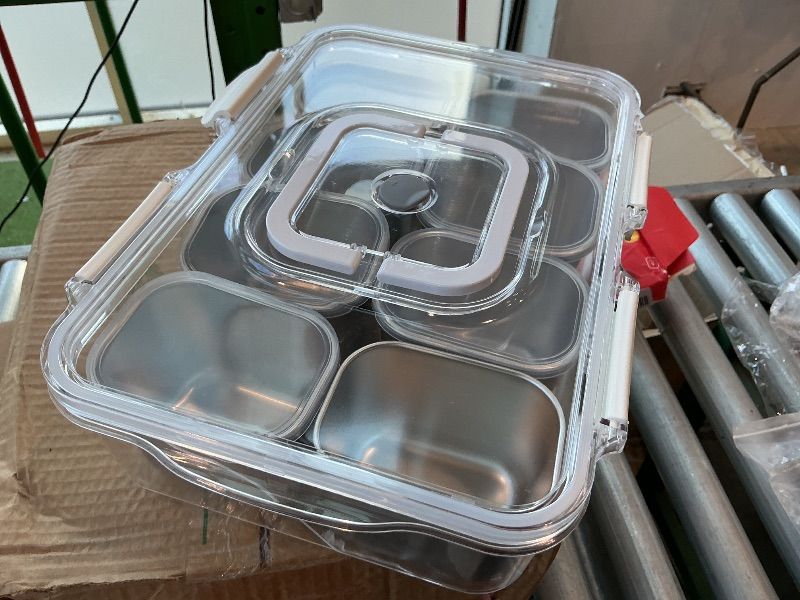 Photo 1 of [Cracked on side of plastic] Snackle Box Container, Stainless Steel Divided Serving Tray with Lid and Handle, 8 Compartment Portable Snack Platters - Clear Storage Organizer for Fruit Candy Nuts Veggie - Perfect for Travel Party