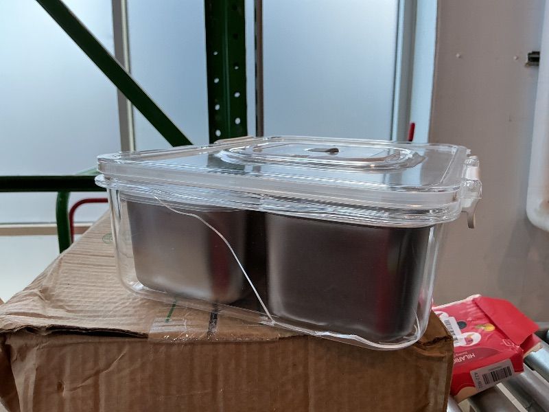 Photo 1 of [Cracked on side of plastic] Snackle Box Container, Stainless Steel Divided Serving Tray with Lid and Handle, 8 Compartment Portable Snack Platters - Clear Storage Organizer for Fruit Candy Nuts Veggie - Perfect for Travel Party