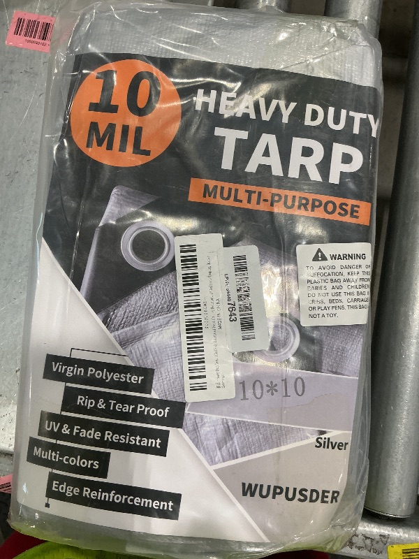 View 2 of 10'x10' Heavy Duty Tarp, 10Mil Silver Waterproof Tarps with Grommets, UV Resistant, Poly Tarpaulin with Reinforced Edges, Cover for Car, Roof, Camping