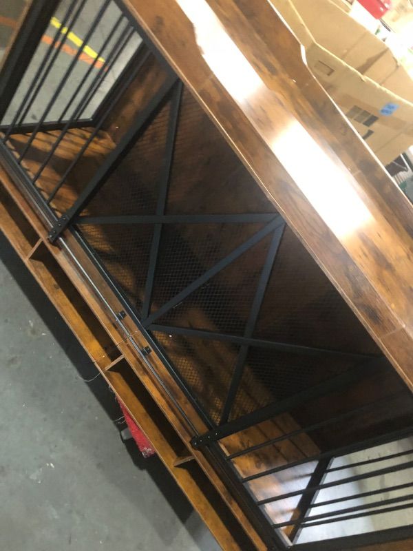 Photo 1 of **STOCK PHOTO FOR REFERENCE ONLY**
Double Dog Crate Furniture, 63 Inch Heavy-Duty Dog Kennel with Center Divider, Sliding Doors, Drawers and Open Shelves, Indoor Dog House for Living Room, Retro Brown