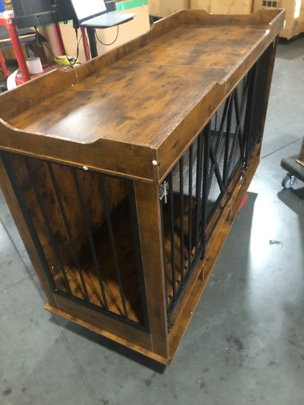 Photo 1 of **STOCK PHOTO FOR REFERENCE ONLY**
Double Dog Crate Furniture, 63 Inch Heavy-Duty Dog Kennel with Center Divider, Sliding Doors, Drawers and Open Shelves, Indoor Dog House for Living Room, Retro Brown