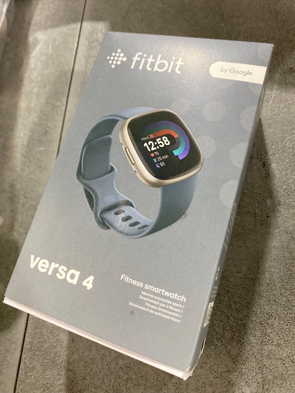 Photo 1 of Fitbit Versa 4 Fitness Smartwatch with Daily Readiness, GPS, 24/7 Heart Rate, 40+ Exercise Modes, Sleep Tracking and more, Waterfall Blue/Platinum, One Size (S & L Bands Included)