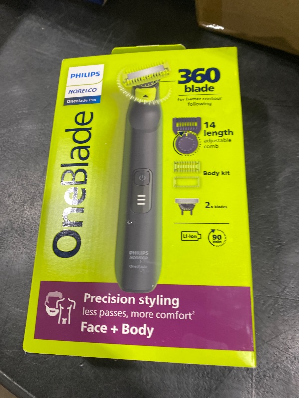 Photo 1 of Philips Norelco OneBlade Pro 360 Face + Body Electric Shaver, Beard Trimmer and Groomer, with 360 Blade Technology, 14-Length Precision Comb, Body Kit, Soft Pouch, Model QP6542/70