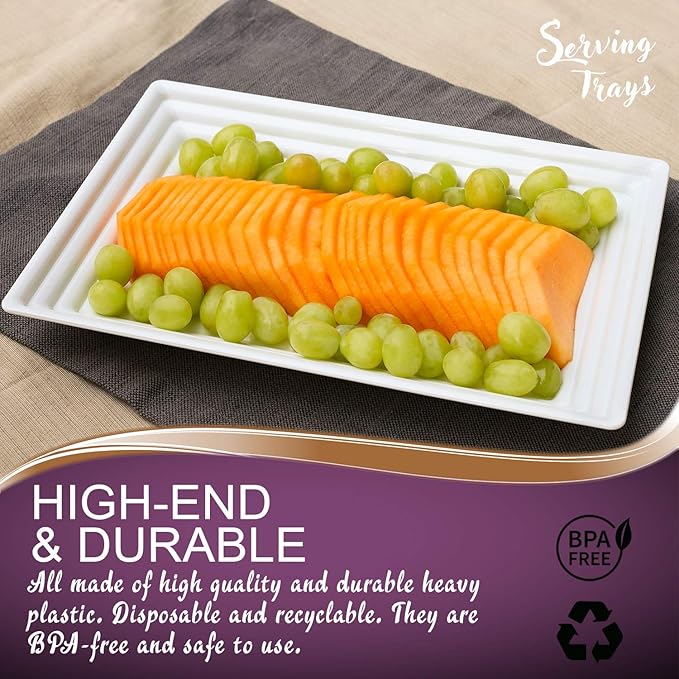 Photo 1 of Disposable Plastic Serving Trays 10Pcs – Heavyweight Fancy 9”x13" Rectangular White Large Serving Platters - Appetizer Tray For All Occasions
