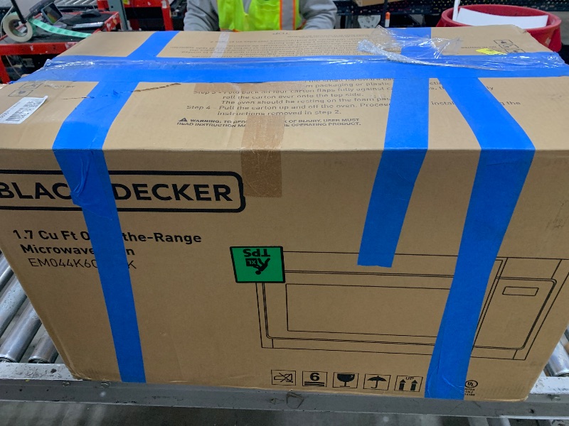 Photo 1 of BLACK+DECKER Over the Range Microwave Oven with Vent and One-Touch Auto Cooking, 1.7 cu. ft. OTR Over Stove Microwave, Black, 1000 Watts, EM044K6CF-BK