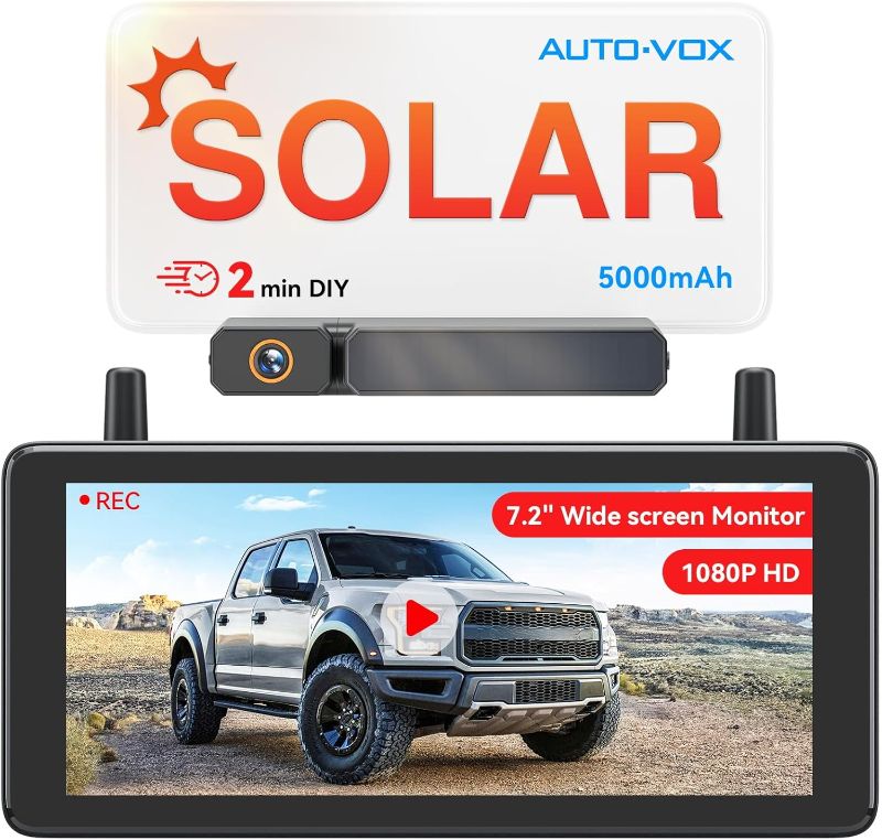 Photo 1 of AUTO-VOX 7.2" DVR Portable Solar Wireless Backup Camera:HD 1080P 2 Min Quick Installation Support 2 Split Screen Back up Camera, IP69K Waterproof Reverse Camera for Car, Van, SUV, Truck, Trailer

