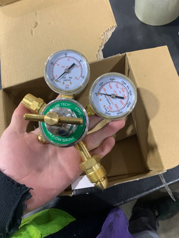 Photo 1 of Flame Tech Flow Gauge Argon Regulator, Easy to Read 2” Dual-Scale Gauges, Ideal Welding Tool, Sturdy Construction, Comes Packaged in a Black Box, Tested in The USA