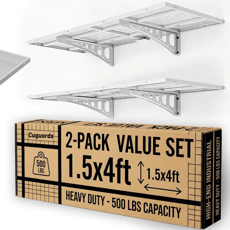 Photo 1 of 2-Pack 1.5x4ft Garage Shelving Heavy Duty, 500 Lbs Wall Mounted Storage Shelf, Solid Flat Panel Organizer With Complete Install Kit, White
