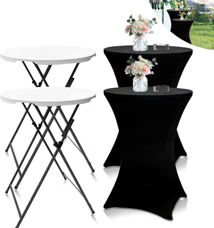 Photo 1 of 2Sets 32in Hightop Folding Cocktail Tables+Covers-Spandex Stretch Folding Tall Bar Table Covers, Detachable Legs Bar Height Folding Table Outdoor Indoor Use (Black/2 Tables+2 Covers)