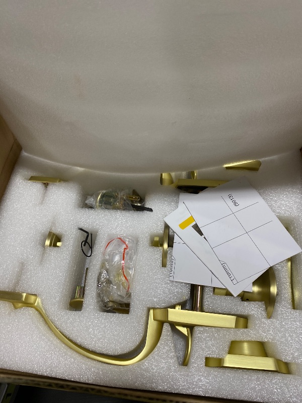 Photo 1 of Moquin Brushed Gold Double Door Handle Set for Front Door, Gold Classic Double Front Door Lock Set with Dummy, Reversible Handle Lever for Entrance Exterior Doors, Satin Brass