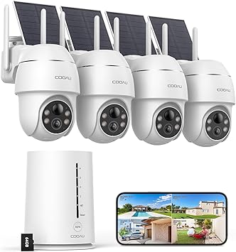 Photo 1 of COOAU 4MP Cameras for Home Security, Solar Security Camera Wireless Outdoor System,4 Cam-Kit,360° Pan & Tilt,Color Night Vision,Motion Detection,No Monthly Fee,Siren Alarm,IP66,64GB Memory Card
