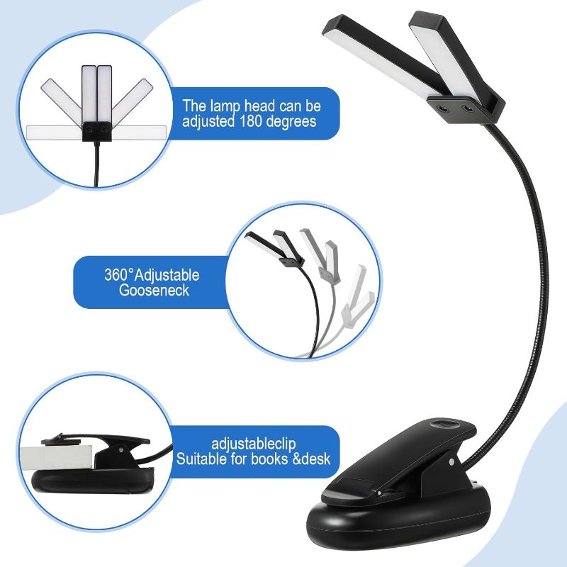 Photo 1 of  Music Stand Clip on Reading Light Dual Heads USB and AAA Battery Operated LED Book Lights in Bed 3 Brightness Levels Ideal for Musician, Battery Not Included (Double-Light Style)