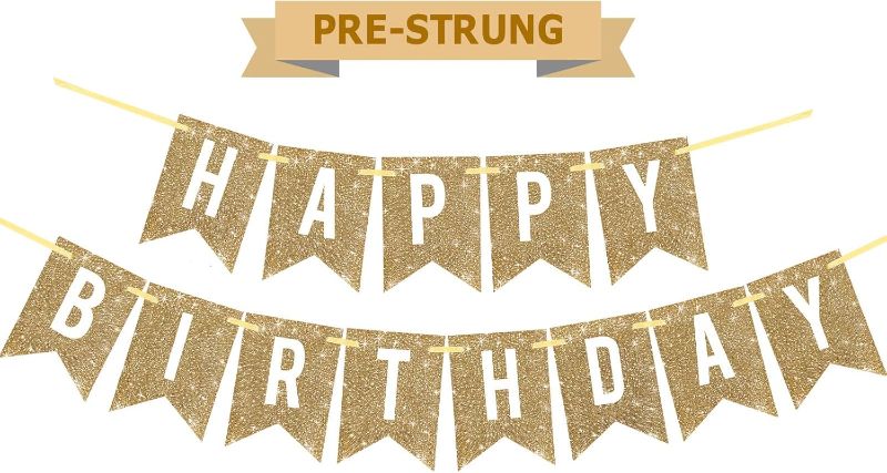 Photo 1 of 
Netnology Pre-Strung Gold Happy Birthday Banner Decorations,12 ft No DIY Gold Glitter Birthday Party Banner Sign Decor for Women Men Girl Boy Party Supplies