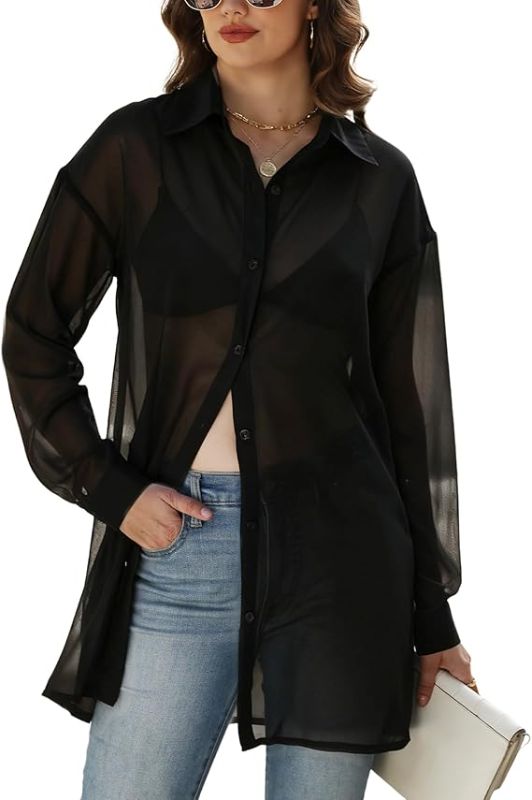 Photo 1 of  Womens Sheer Blouse Mesh Button Down Shirts Long Sleeve Sexy See Through Tops  XL
