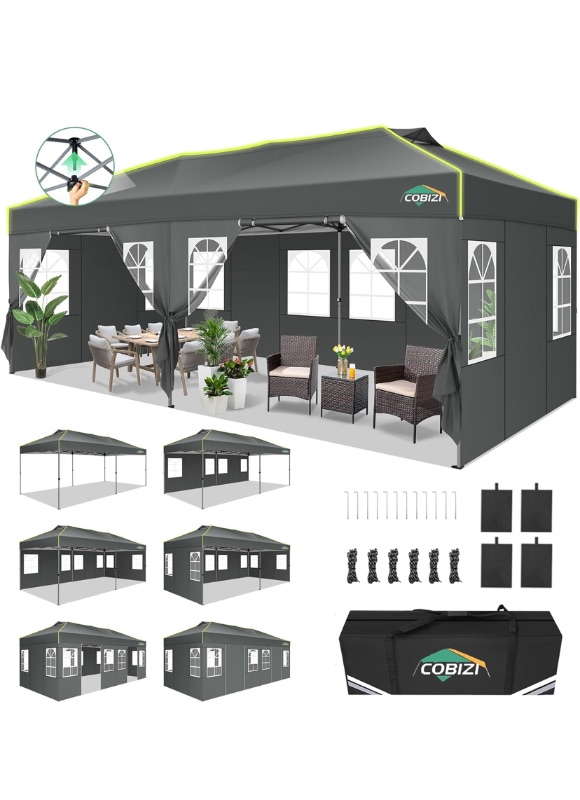 Photo 1 of COBIZI 10x20 Pop Up Canopy Tent with 6 Removable Sidewalls, One Push Party Tent Outdoor Waterproof Event Canopy with Air Vent for Parties Commercial Wedding, 3 Height, Carry Bag, Sandbag, Gray