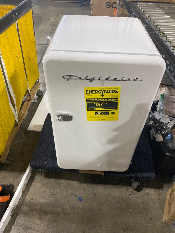 Photo 1 of Frigidaire Retro Compact Refrigerator with Chiller, 3.2 cu ft Countertop Fridge, Built-In Bottle Opener, Rounded Corners, Premium, for Office, Bedroom, Dorm Room, Cabin, 18.5D x 20W x 31.5H (White)